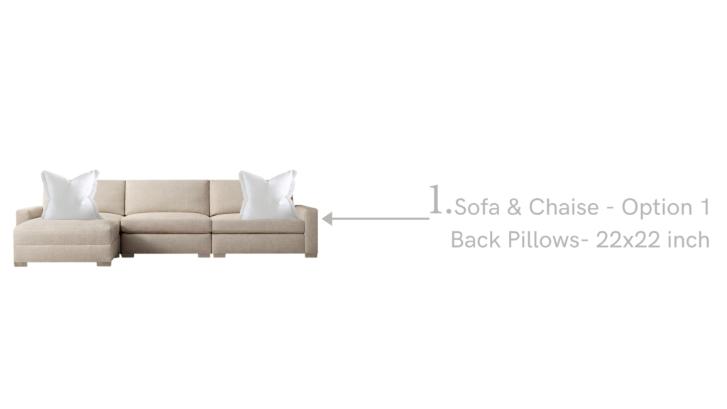 Throw pillow styling guide for sectional sofas showing four layout options, including symmetrical, mirror effect, asymmetrical, and layered arrangements with detailed pillow sizes and placement instructions.