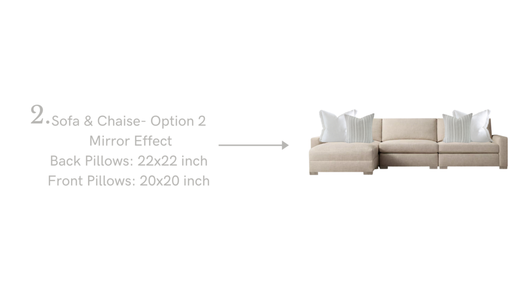 Throw pillow styling guide for sectional sofas showing four layout options, including symmetrical, mirror effect, asymmetrical, and layered arrangements with detailed pillow sizes and placement instructions.