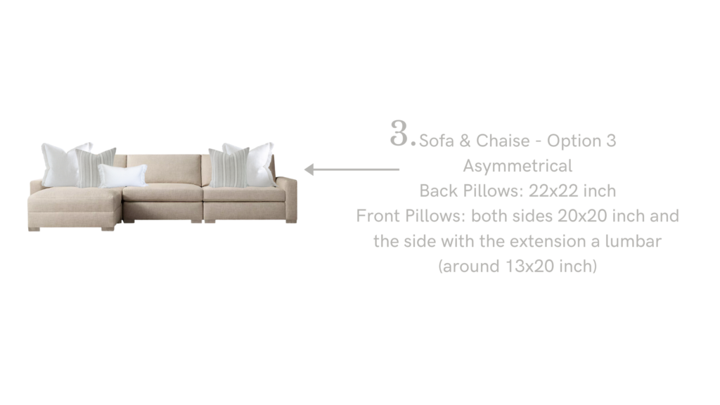 Throw pillow styling guide for sectional sofas showing four layout options, including symmetrical, mirror effect, asymmetrical, and layered arrangements with detailed pillow sizes and placement instructions.