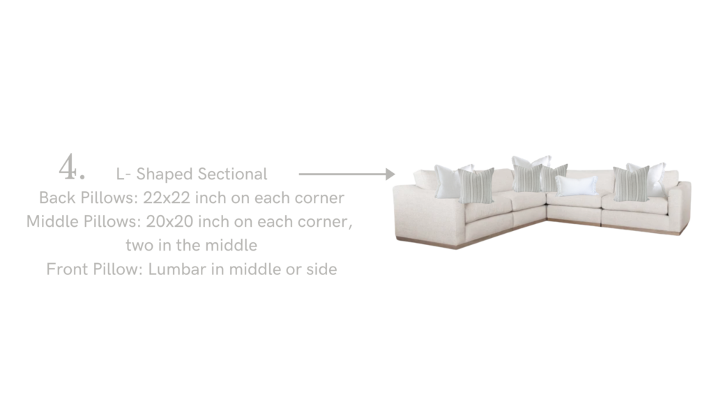 Throw pillow styling guide for sectional sofas showing four layout options, including symmetrical, mirror effect, asymmetrical, and layered arrangements with detailed pillow sizes and placement instructions.