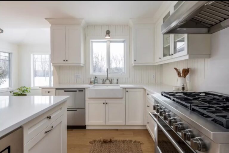 a kitchen with quartz countertops